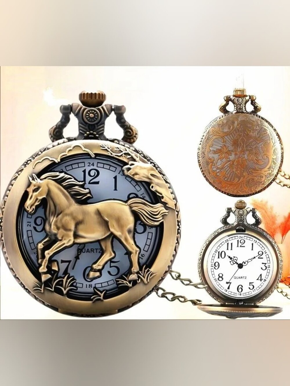 NWOT Antique-Style Bronze Horse Pocket Watch Necklace - Bronze.